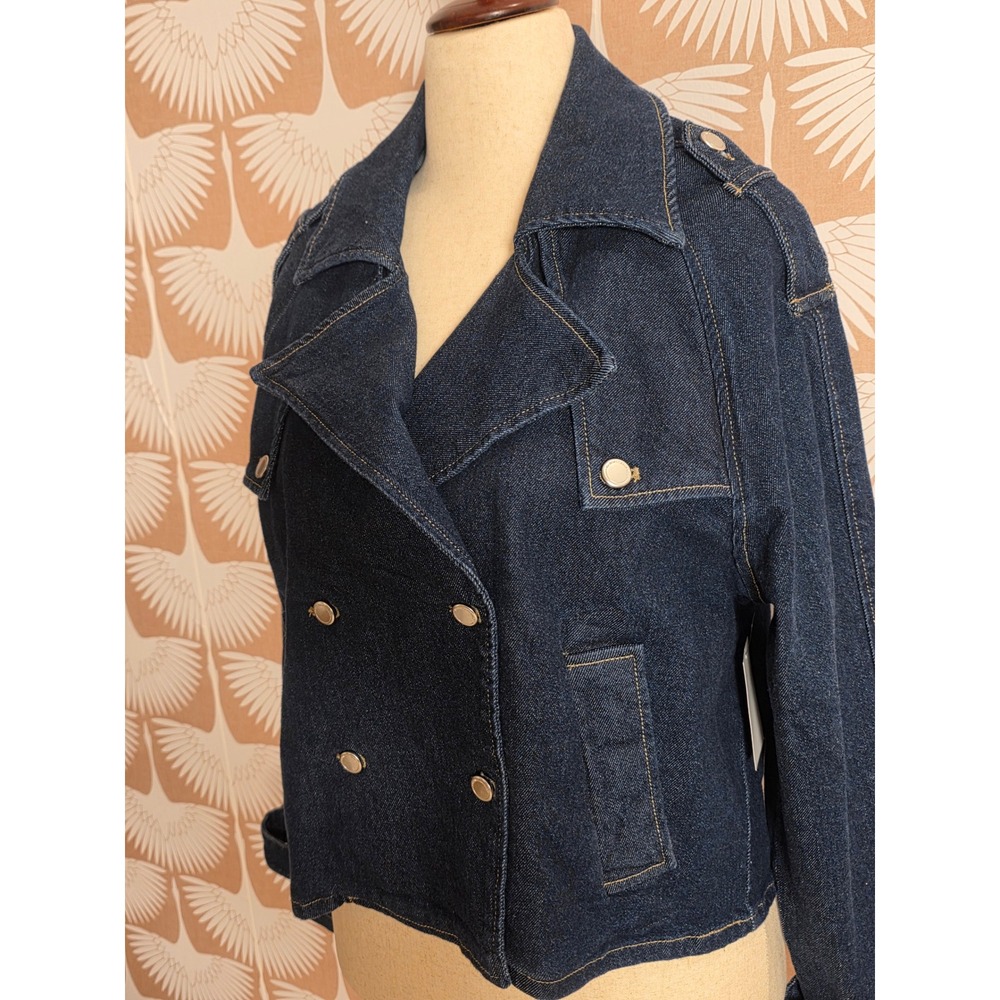 Rebecca Minkoff Blair Wash Denim Jacket Dark Indigo Double Breasted Cropped S - Picture 3 of 7